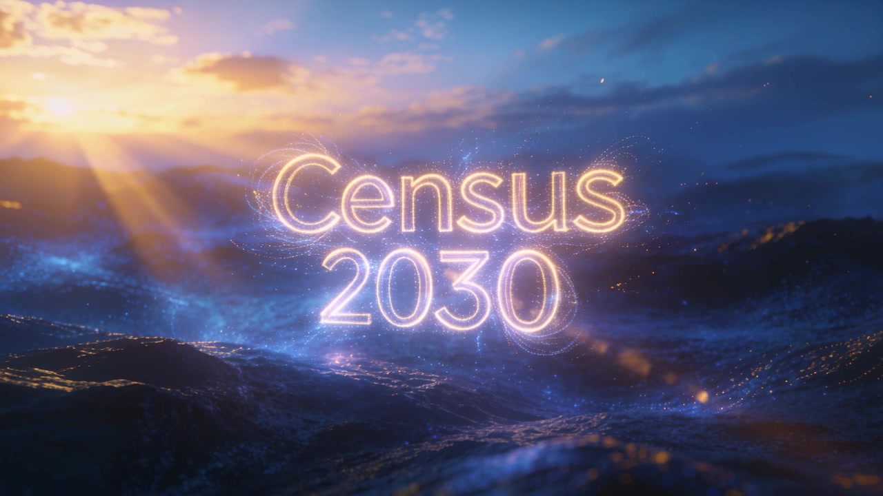 Titolo pulsante "Censimento 2030" che reagisce ai raggi dell'alba sopra onde scure, con braci che fluttuano.