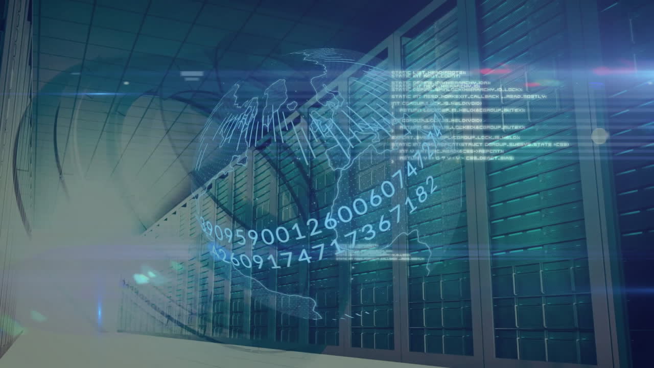 데이터 센터 서버를 통해 디지털 세계 지도 및 이진 코드 애니메이션