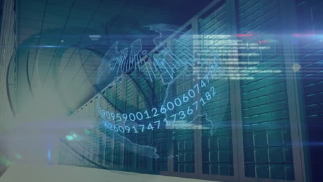 mapa del mundo digital y animación de código binario a través de servidores de centros de datos
