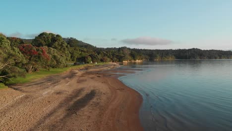 Luftdrohnenansicht-Von-Cornwallis-Beach-In-Auckland,-Neuseeland,-Langsamer-Niedriger-Gerader-Flug