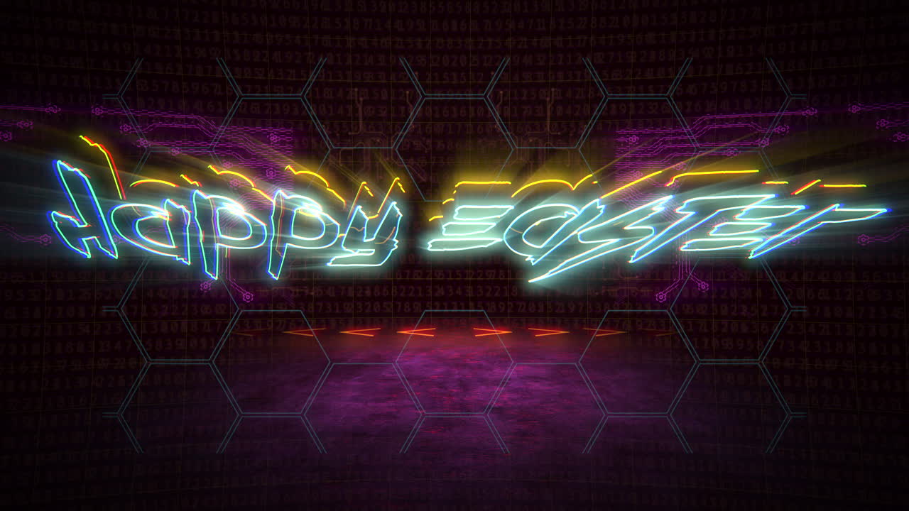 texto de animación felices pascuas y fondo de animación ciberpunk con números de matriz de computadora y cuadrícula