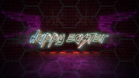 Texto-De-Animación-Feliz-Pascua-Y-Fondo-De-Animación-Cyberpunk-Con-Números-De-Matriz-De-Computadora-Y-Cuadrícula