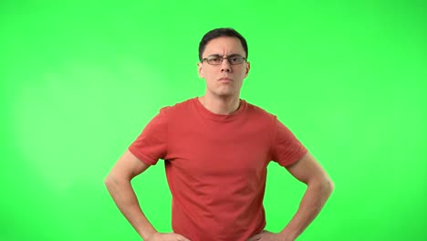 man reacts with surprise and disappointment on green screen