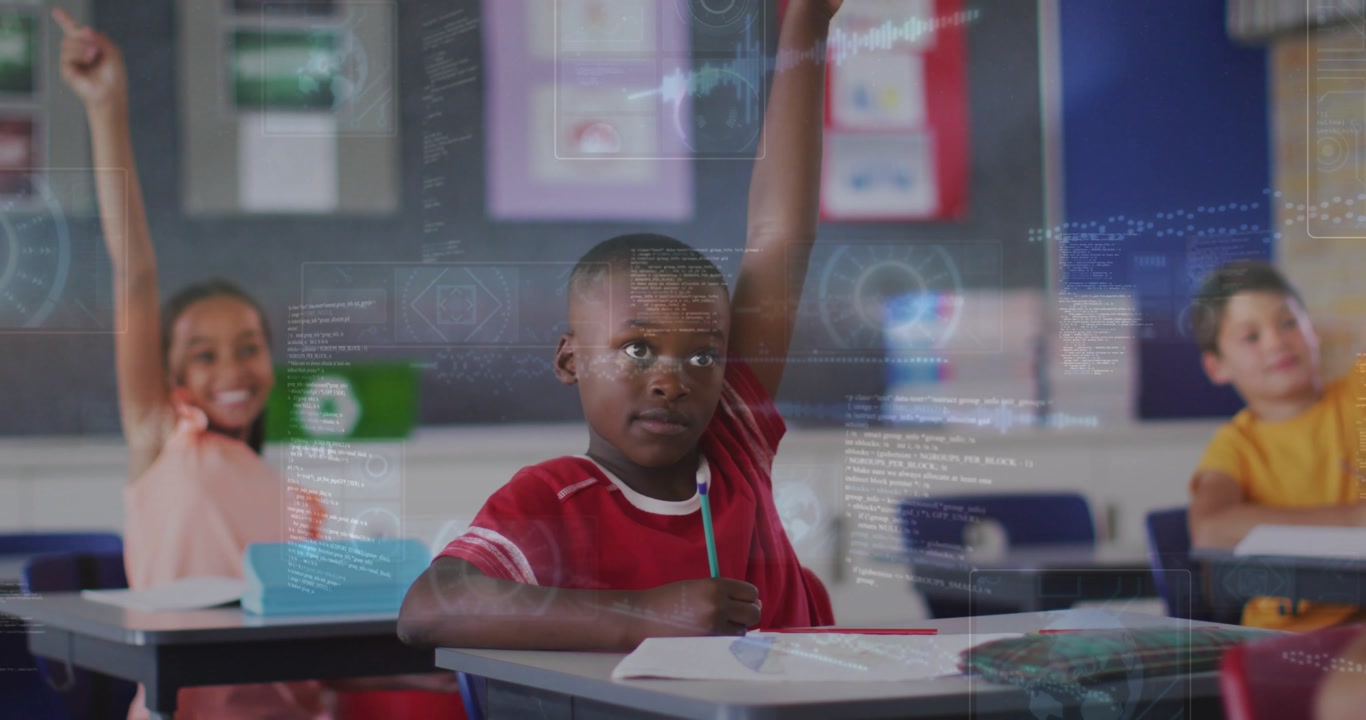 Boy in red shirt with pencil raising hand in classroom after teacher asking question, HUD appearing