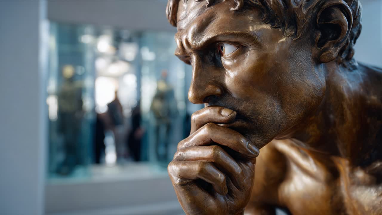 This striking sculpture captures a contemplative figure deep in thought, showcasing fine details of expression and artistry against a blurred background atmosphere