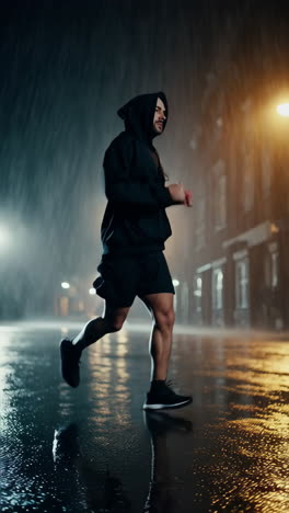 man running in the rain at night