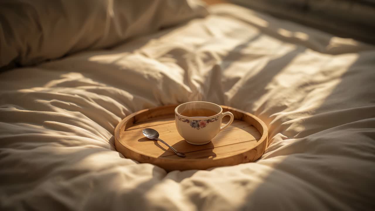 Sweeping morning light across blinds, wooden tray holding floral teacup, teaspoon on white duvet