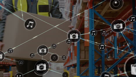 animation of network of connections with icons over man working in warehouse