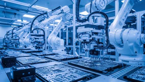 robotic arms assembling circuit boards in an automated factory