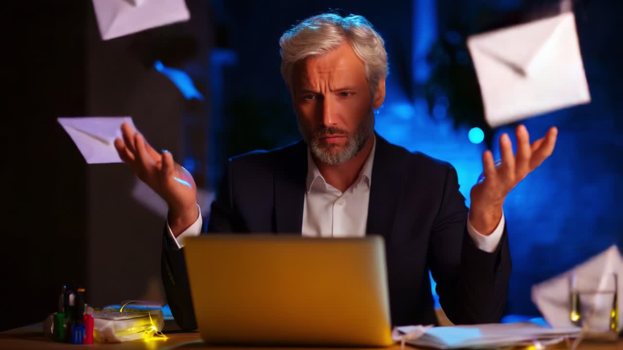A Pensive Professional Struggling with Overwhelming Tasks as Papers Fly Around Him While He Sits at His Laptop in a Dimly Lit Office, Capturing the Essence of Modern Work Related Stress and Distraction