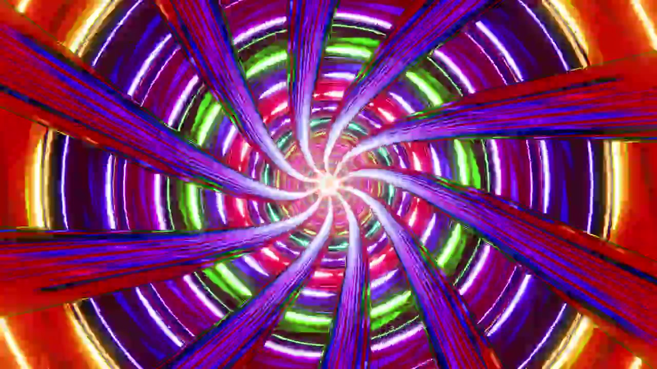 Movimento attraverso un tunnel neon vibrante con spirali geometriche colorate rotanti e una luminosa sorgente di luce centrale. 3D