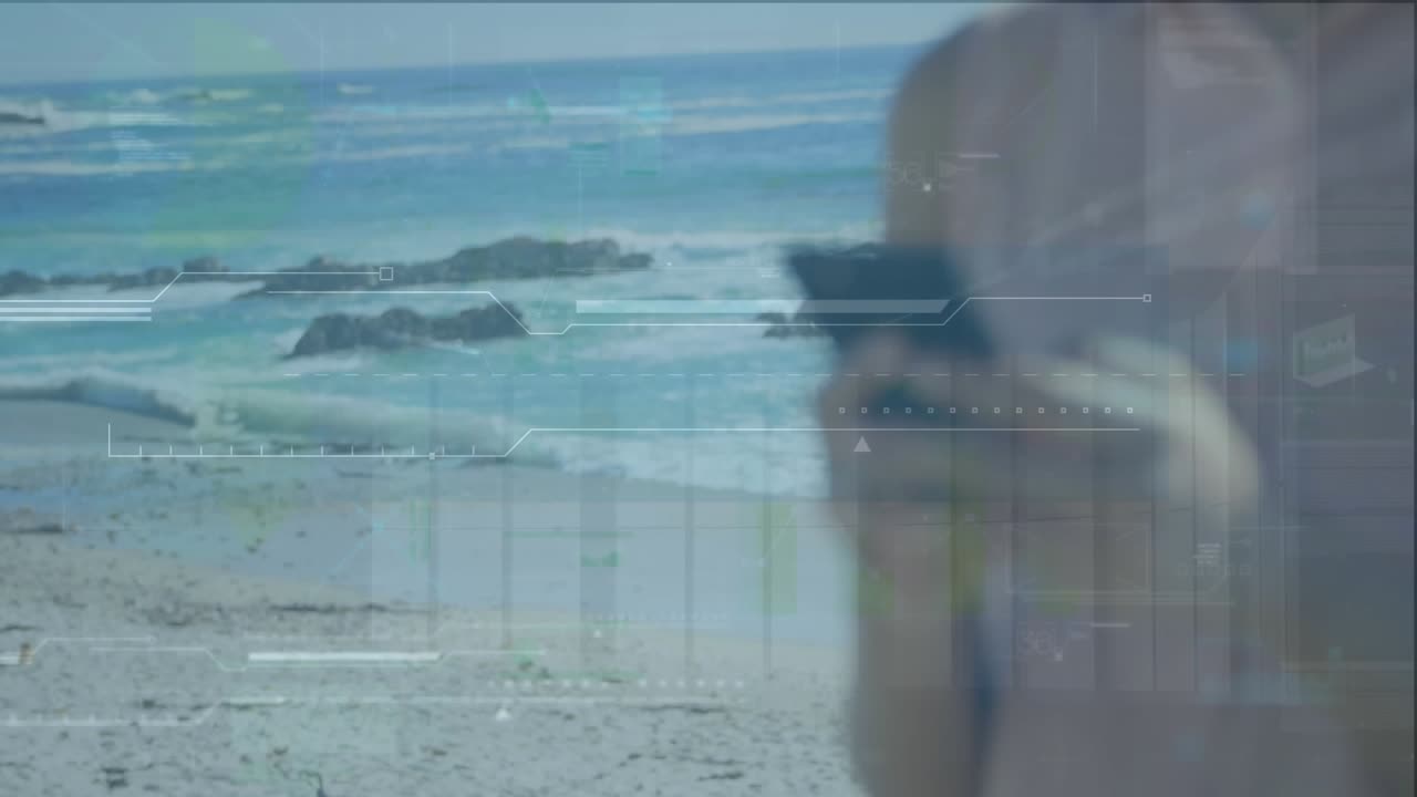 Animation of financial data processing over person using smartphone