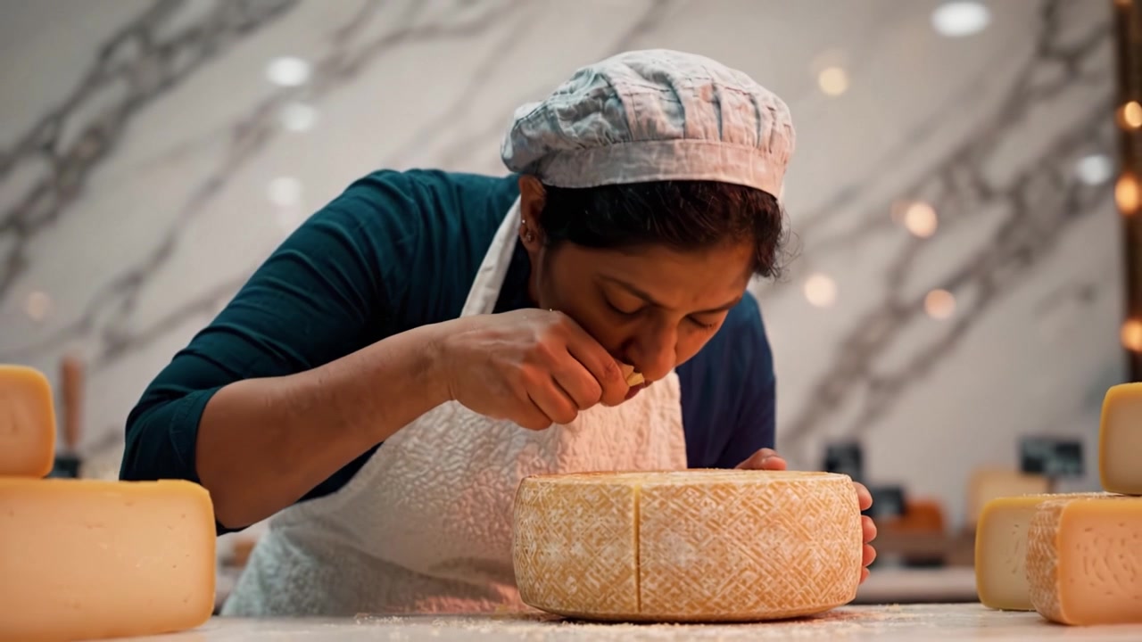 Lavorazione del formaggio artigianale: un artigiano esperto modella e rifinisce abilmente una forma di formaggio con precisione in uno studio culinario splendidamente decorato.