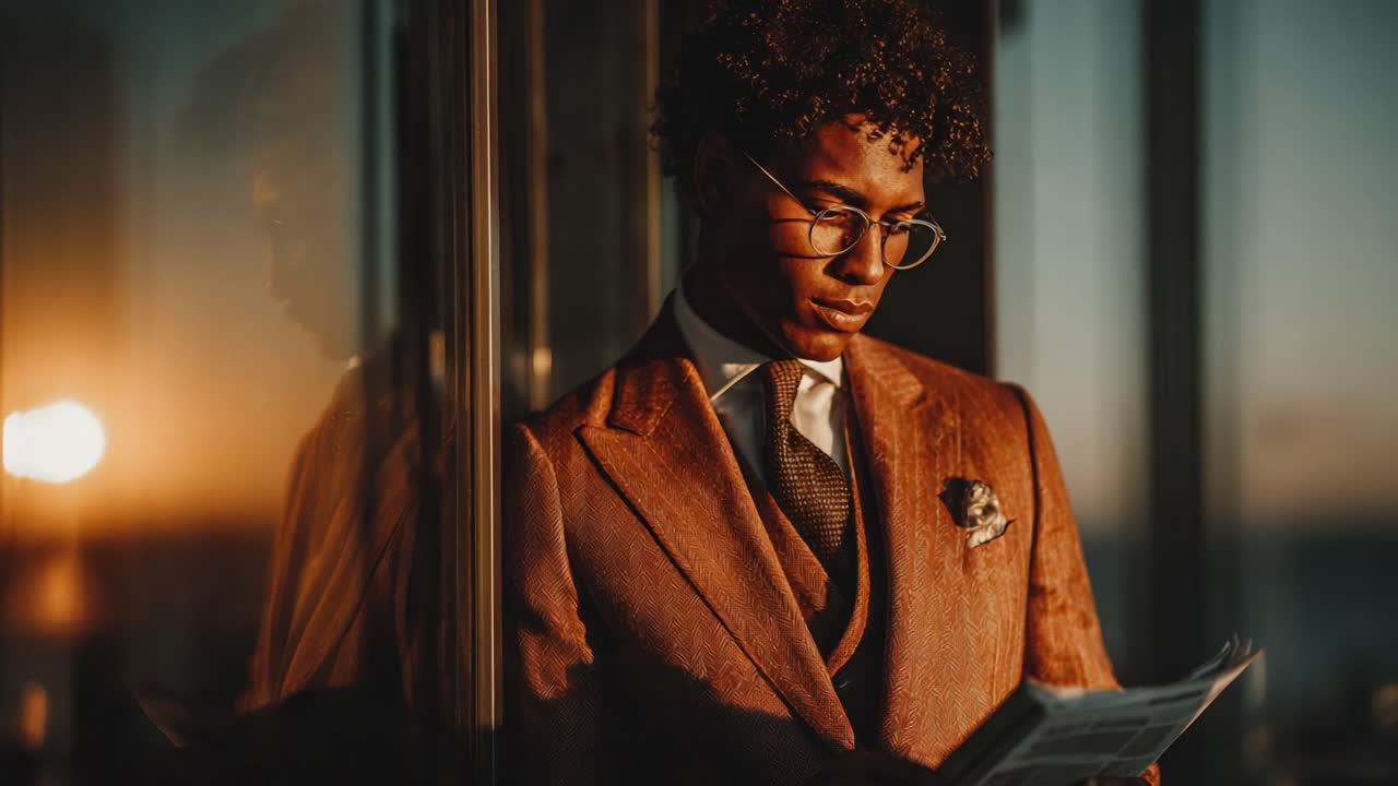 A Thoughtful Moment: A Young Man in Elegant Attire Reading a Document in Reflection of Golden Sunset Light