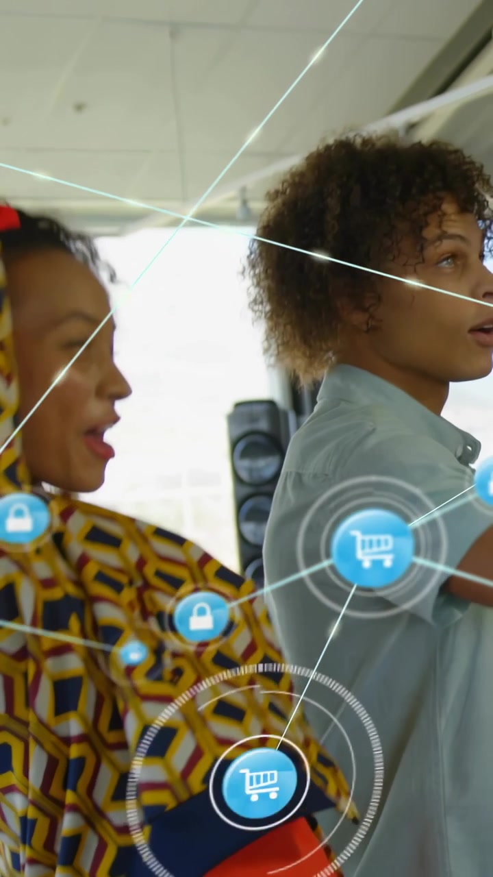 Vertical video: Woman reaching and guiding AR lock and cart nodes, demonstrating ecommerce security
