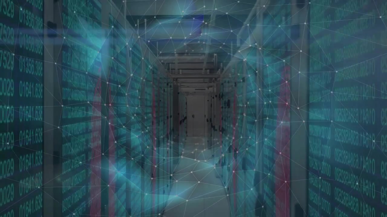 Teal glow initiating data streams scrolling along racks forming pulsing vortex visualizing portal