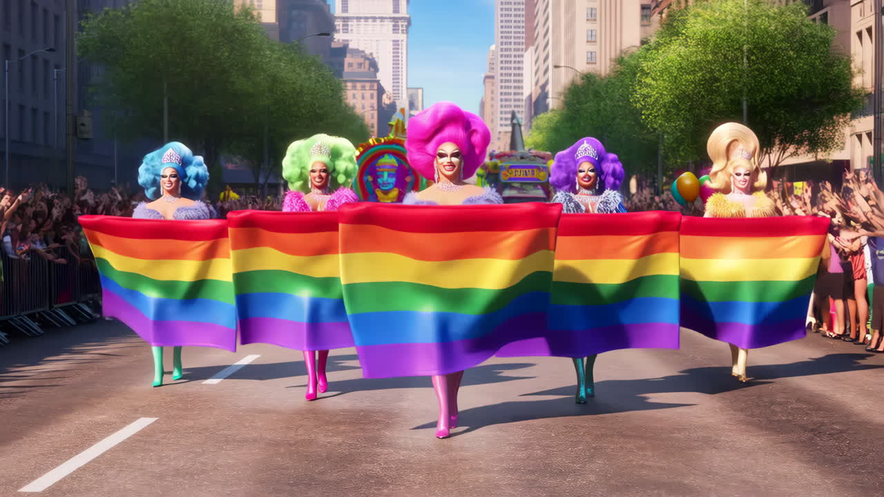 Drag Queens leading a Pride Parade with a Rainbow Flag