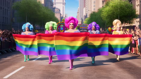 drag queens leading a pride parade with a rainbow flag
