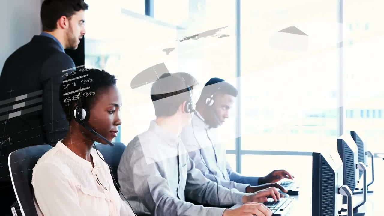 헤드 ⁇ 을 착용하는 사무실 직원들에 대한 데이터 처리 및 통계의 애니메이션