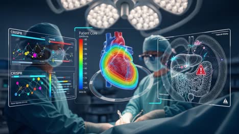 advanced surgical procedure utilizing crispr technology for enhanced patient monitoring and heart visualization in a modern operating room environment