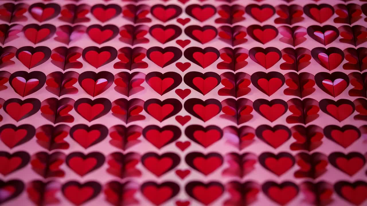 Luci da studio in movimento che proiettano ombre e luci mutevoli su un foglio a forma di cuore rosso con piega