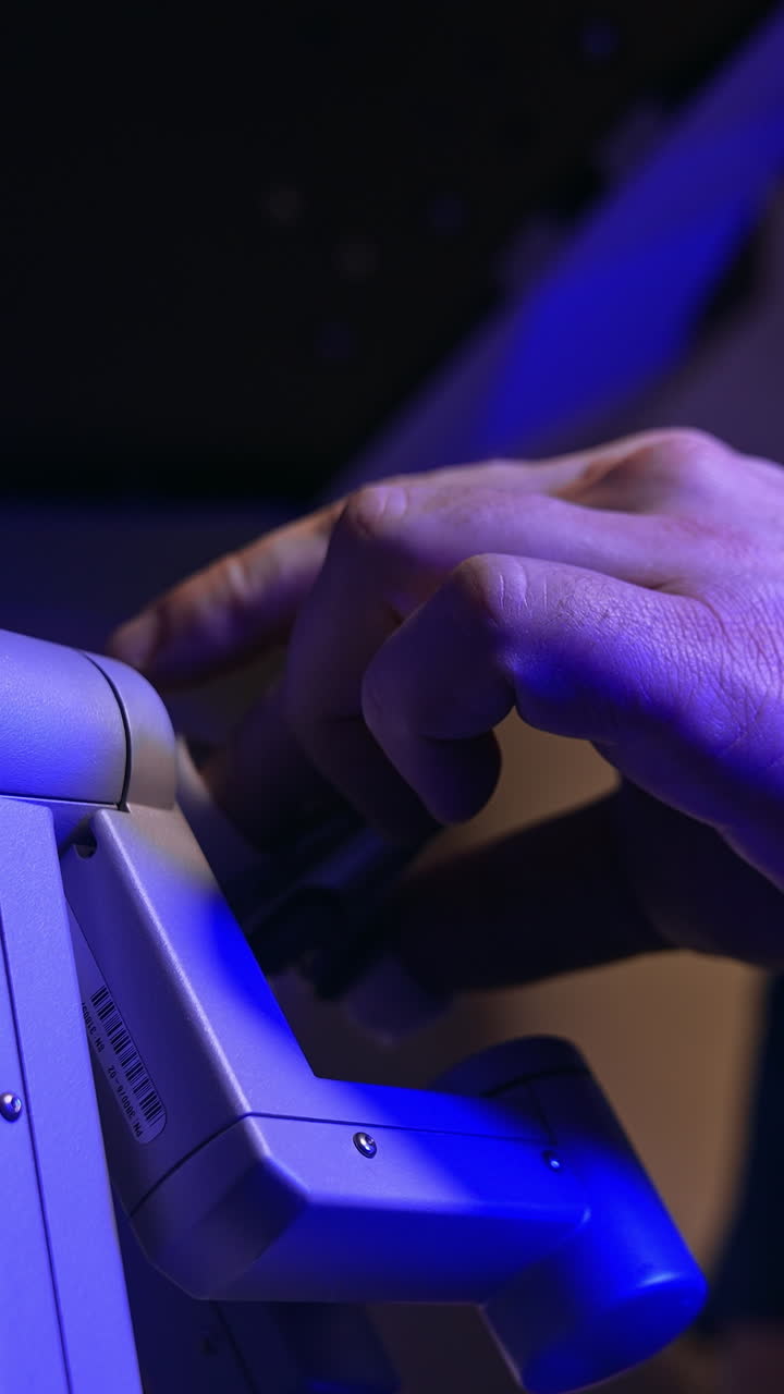 Surgery specialist operating innovative robotic equipment. Doctor looks into special binoculars and moves the handles. Close up. Low angle view. Vertical video