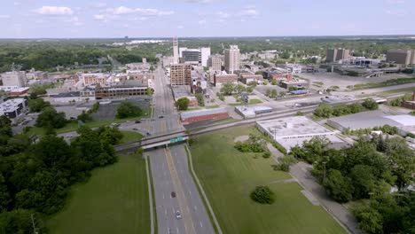 Pontiac,-Michigan-downtown-skyline-with-drone-video-wide-shot-stable