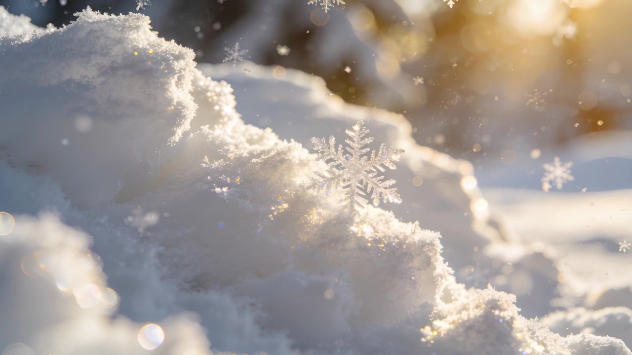 昇る太陽の光が当たる庭の雪の山。六角形の雪の結晶が輝き、舞い落ちる雪の結晶を受け止めている。