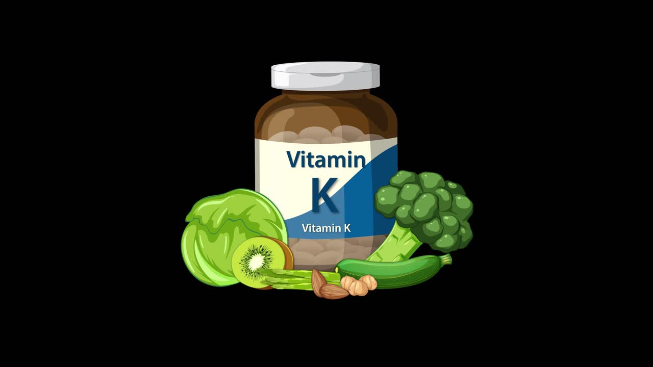 Vitamin K bottle appears, green vegetables animate in, on black background, smooth transitions, digital style