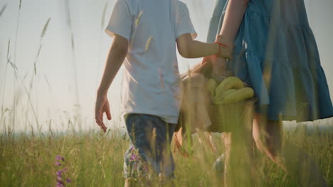 a close-up shot of a lower body of a young boy in a white shirt and jeans, walking alongside a woman in a blue dress who is holding a basket of fruit. they walk together through a sunlit grassy field