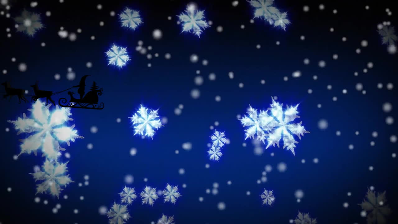Snowflakes and falling snow animation over dark blue background