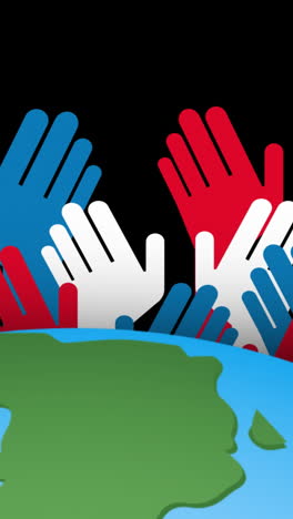 animation of white, red and blue hands over globe on black background