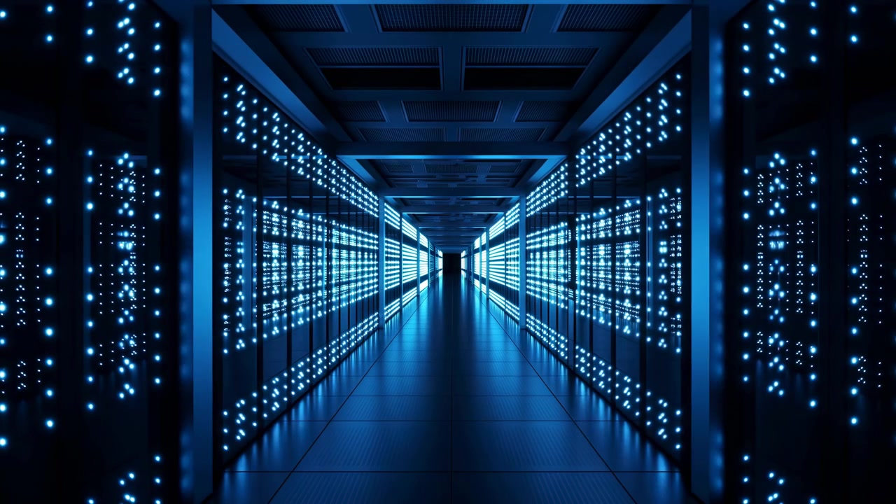 Tom indre gang inde i et moderne datacenter med parallelle serverkabinetter på begge sider, blå lysrefleksioner, blankt gulv, mørk central døråbning og et rent symmetrisk perspektiv.