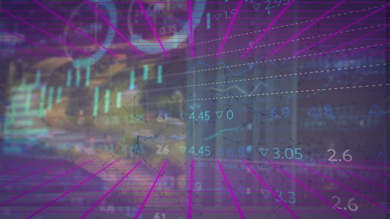 Animation of multiple graph with numbers moving over grid pattern on abstract background