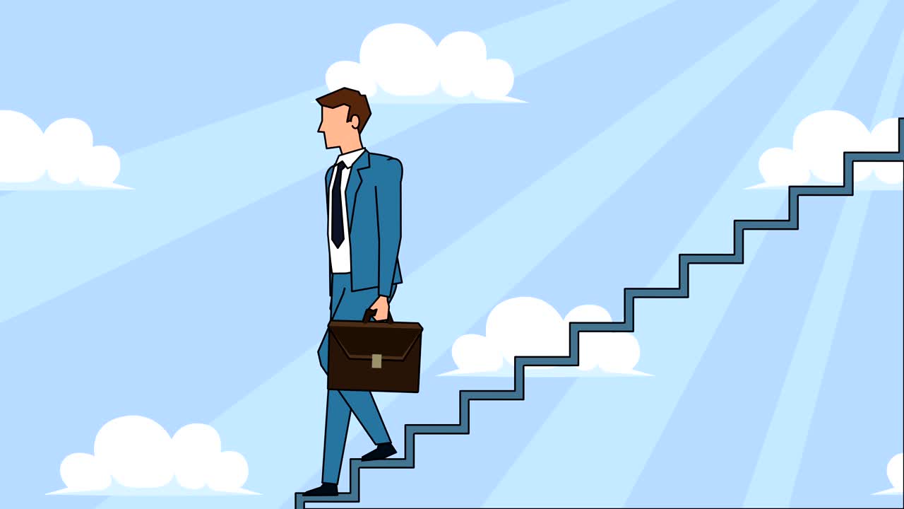 personaje de dibujos animados de hombre de negocios plano con bolsa de caso baja por la escalera de la carrera escaleras de concepto de animación