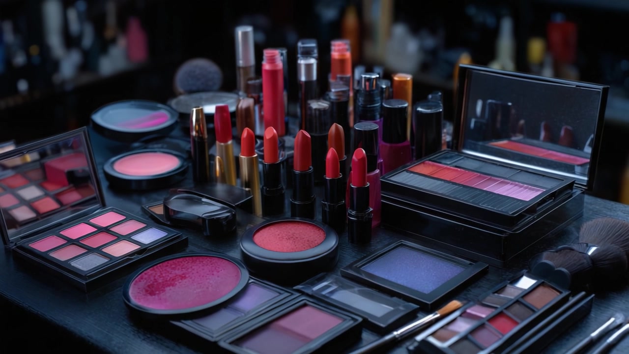 A Stunning Array of Makeup Products including Lipsticks, Eyeshadows, and Blushes Laid Out Artistically for Beauty Enthusiasts to Explore and Enjoy
