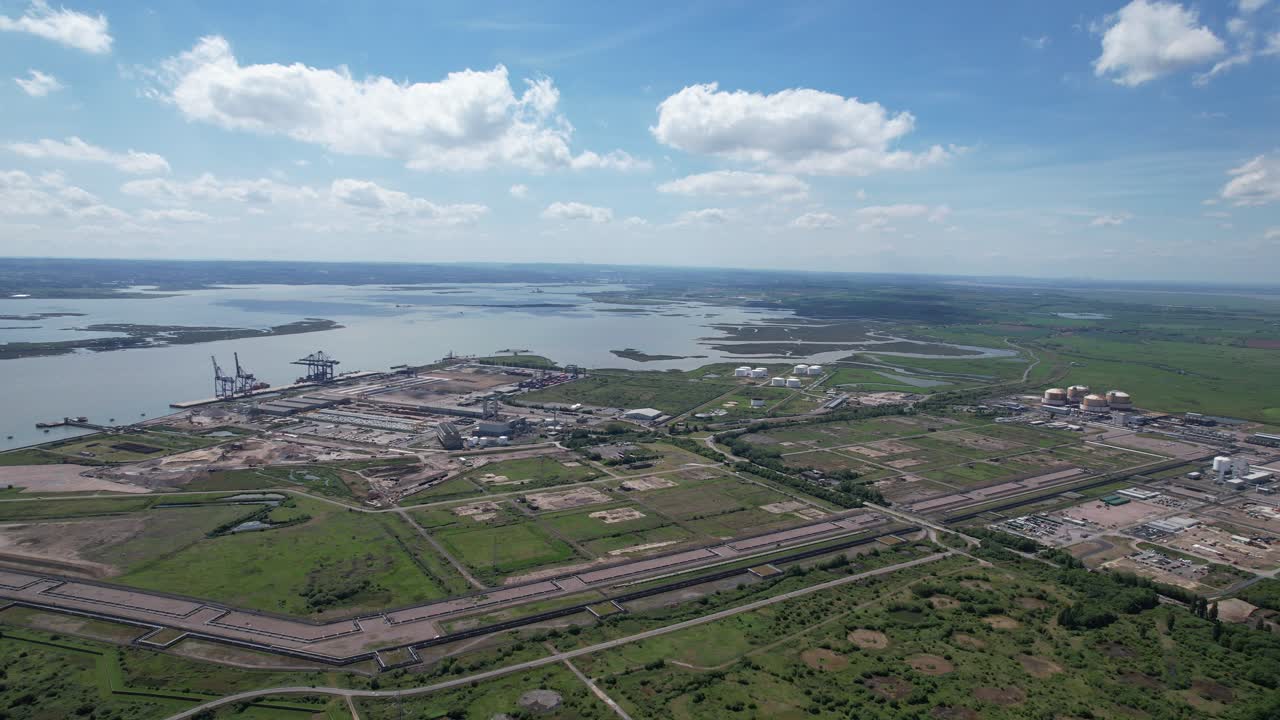 Industrial area Isle of grain  river Medway Kent UK drone aerial view