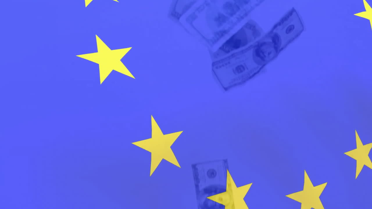 미국 달러 지폐 위에 있는 유럽 연합의 발의 애니메이션