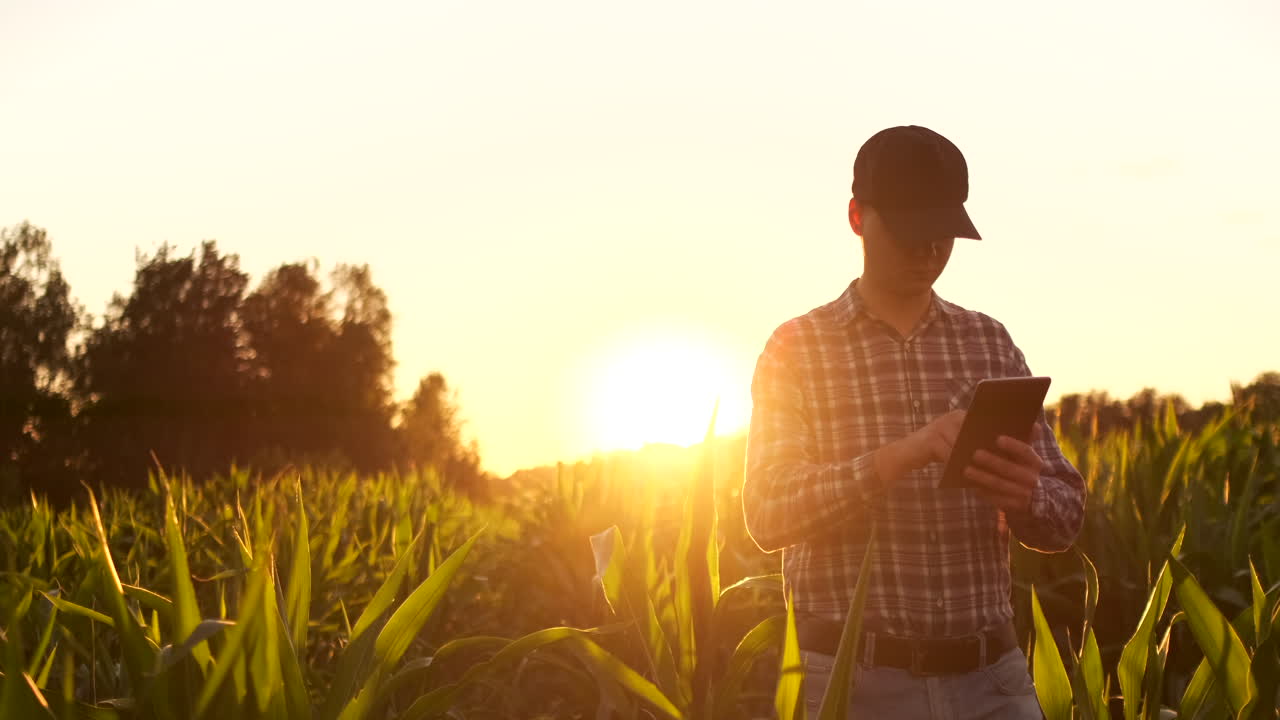 el agricultor lee o analiza un informe en una computadora tablet sobre un campo agrícola con un tono vintage sobre un concepto de agricultura a la luz del sol.