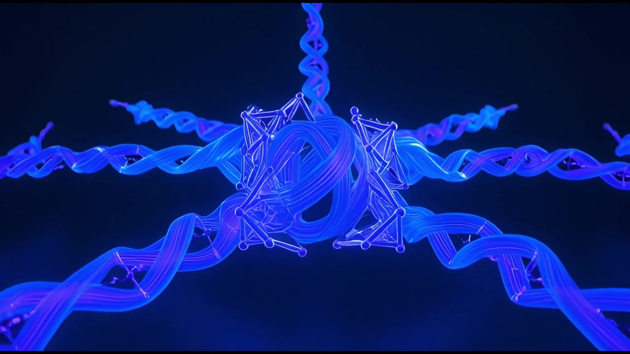 Abstract Animation of Glowing Blue DNA Strands Forming a Molecular Network