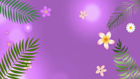 Animation-of-leaves-and-flowers-over-violet-background-with-dots