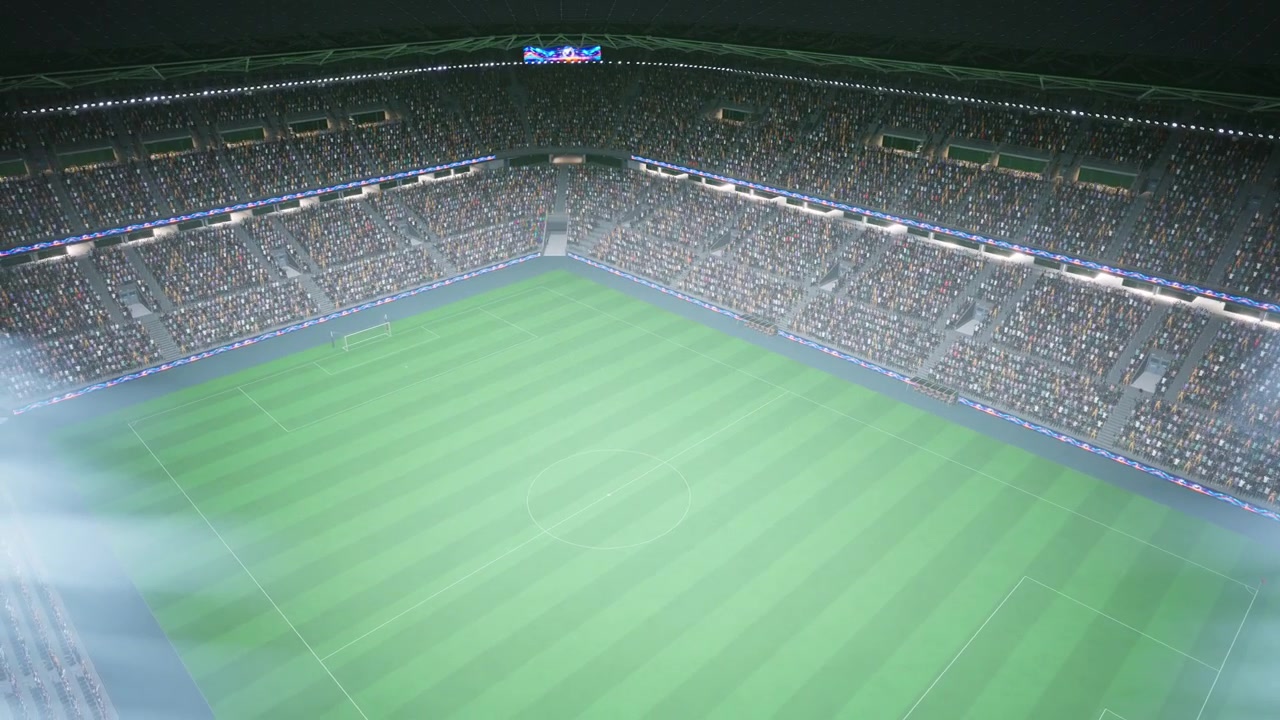 3D-Rendering eines Fußballstadions mit dunklem, von Flutlichtern beleuchtetem Spielfeld während eines dunklen Abends