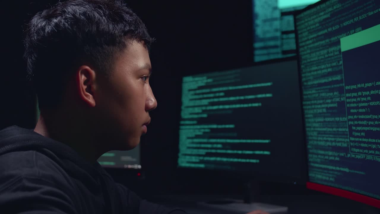 Asian Boy Hacker Hacking With Multiple Computer Screens In Dark Room