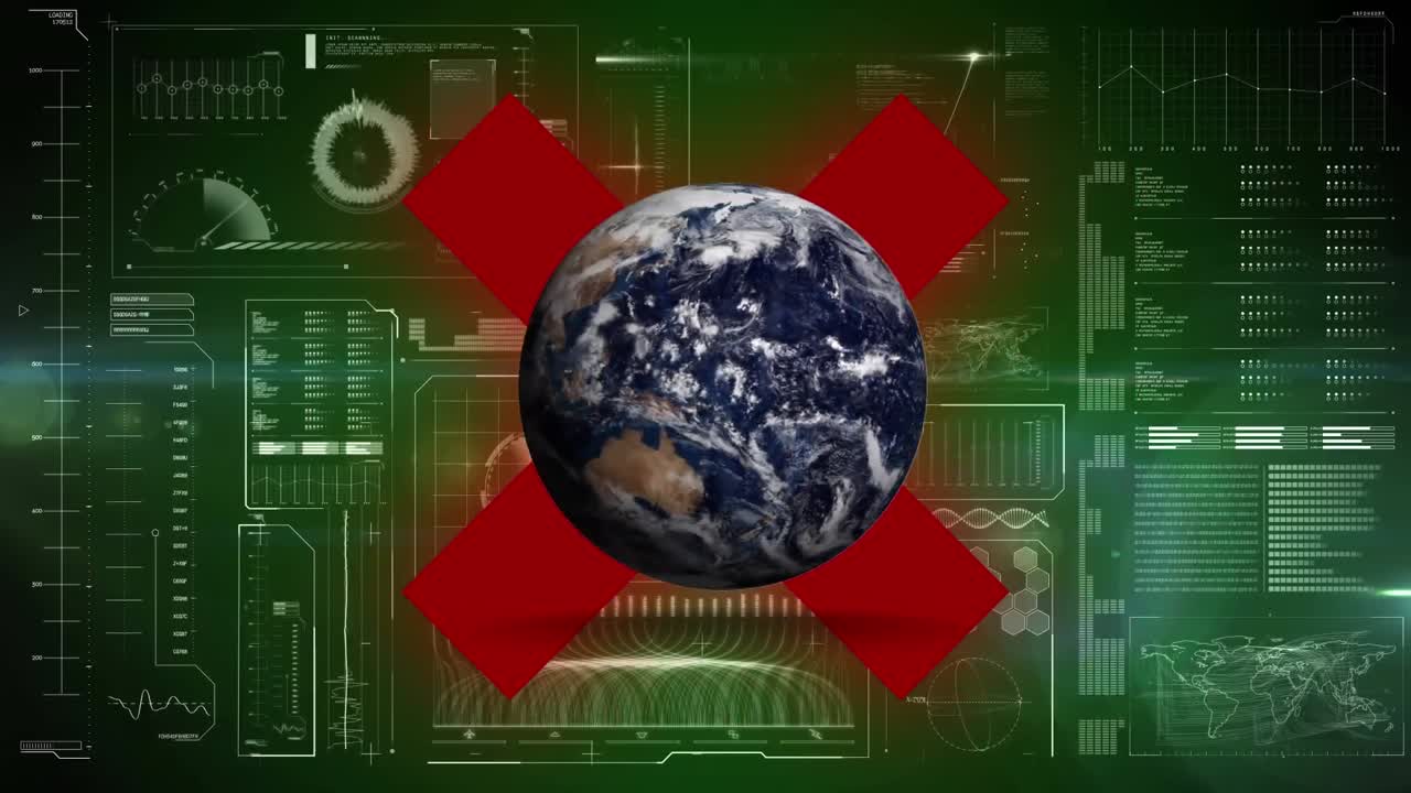 animación del globo girando sobre la interfaz con procesamiento de datos y rojo x