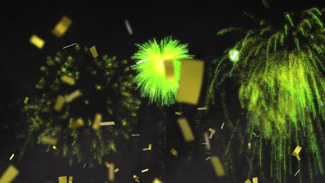 Animation-of-green-christmas-and-new-year-fireworks-and-gold-confetti-in-night-sky