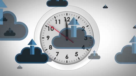 Animation-of-up-arrows-in-clouds-over-clock-against-white-background