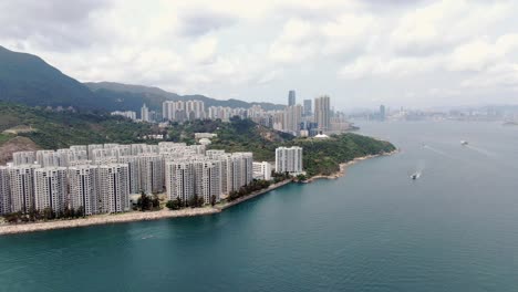 waterfront residential buildings in hong kong bay, aerial view