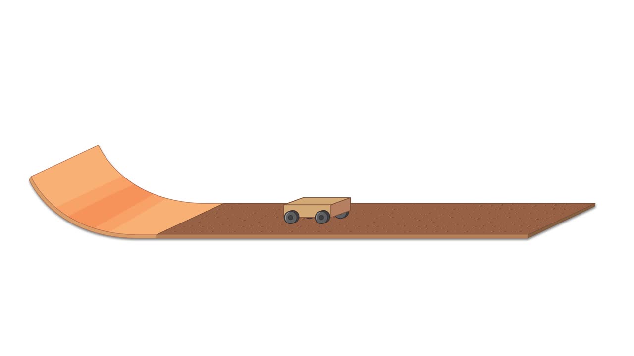 A small car moves down a curved ramp, illustrating motion and friction in a smooth, continuous animation