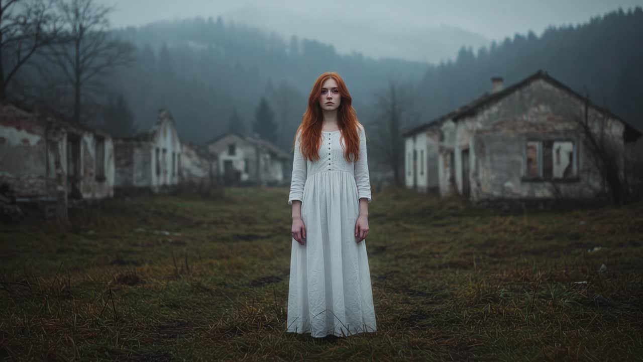 A Haunting Presence in an Abandoned Landscape: The Ethereal Figure of a Young Woman in a White Dress Amidst Decaying Buildings and Misty Mountains