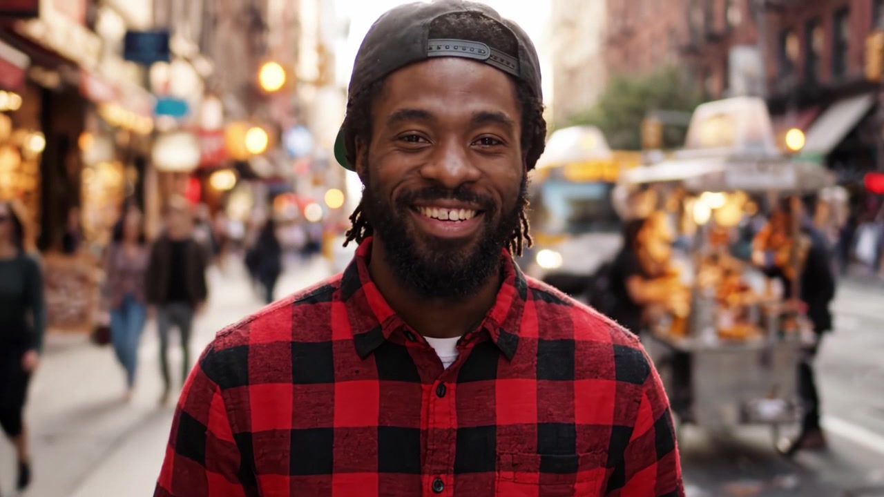 A Joyful Urban Encounter: A Stylish Individual Smiling in a Bustling City Street, Surrounded by Vibrant Scenery and Everyday Life.
